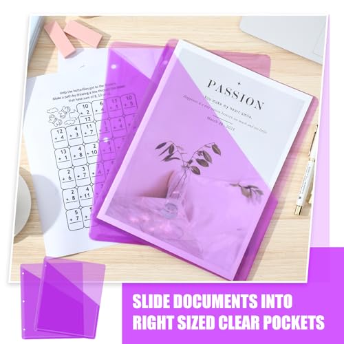 Seajan 48 Pcs Pocket Folders for 3 Ring Binder Clear Plastic Folders Sleeves with 2 Pockets 3 Hole Punch Binder Dividers Poly Slash File Jackets for Office School Document Organizer (Purple) - color: Purple
