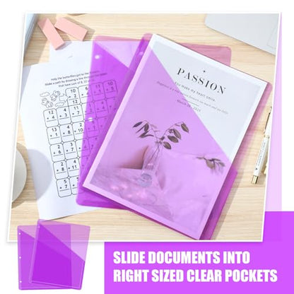 Seajan 48 Pcs Pocket Folders for 3 Ring Binder Clear Plastic Folders Sleeves with 2 Pockets 3 Hole Punch Binder Dividers Poly Slash File Jackets for Office School Document Organizer (Purple) - color: Purple