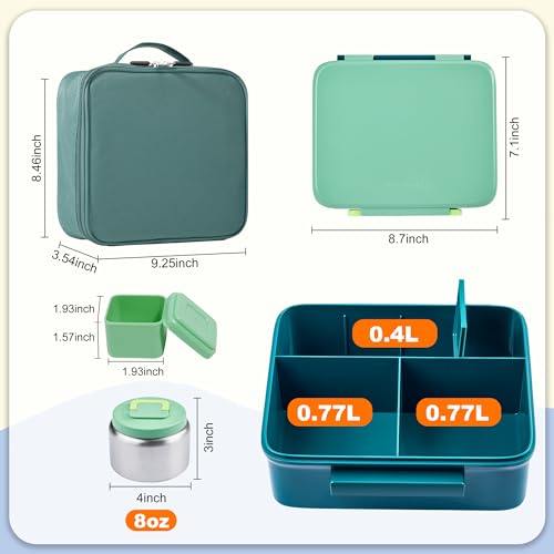 Bento Lunch Box for Kids with Thermo, Leakproof Bento Box with 8oz Insulated Food Jar, Lunch Bag, BPA Free Dishwasher Safe 4 Compartment Container for School Girls Boys (Green) - color: Green1