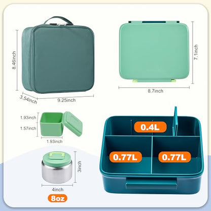 Bento Lunch Box for Kids with Thermo, Leakproof Bento Box with 8oz Insulated Food Jar, Lunch Bag, BPA Free Dishwasher Safe 4 Compartment Container for School Girls Boys (Green) - color: Green1