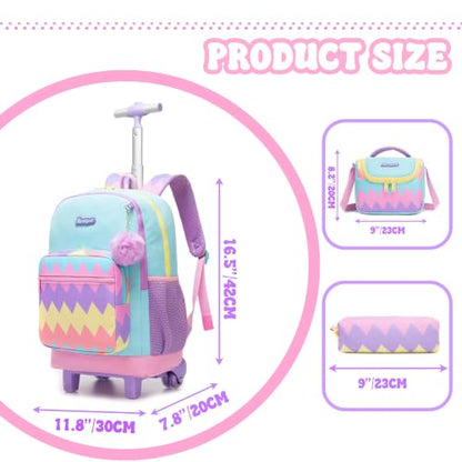 Girls Rolling Backpack with Lunch Box School Backpacks with Wheels 16.5" Roller Backpack for Girls, 3pcs Kids Wheeled Bookbag for Elementary School - color: Duosejieti