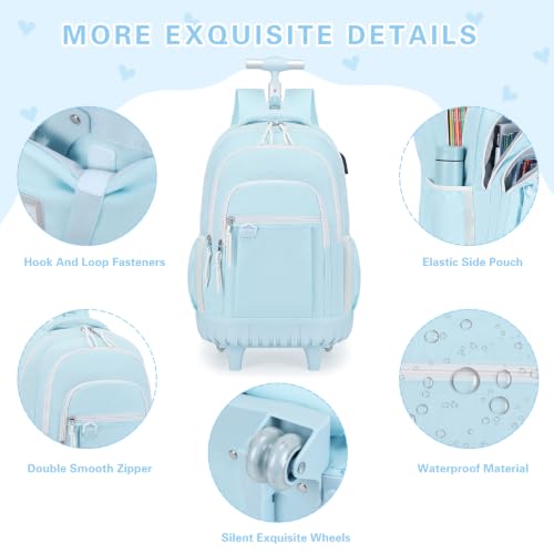 DIGOBAY Rolling Backpack for Girls, Cute Girls Backpack with Wheels, Kids Wheeled backpacks Set with Lunch Bag Pencil Case for Teen Girl, Roller School Bag with Wheels for Elementary Middle School - color: Blue