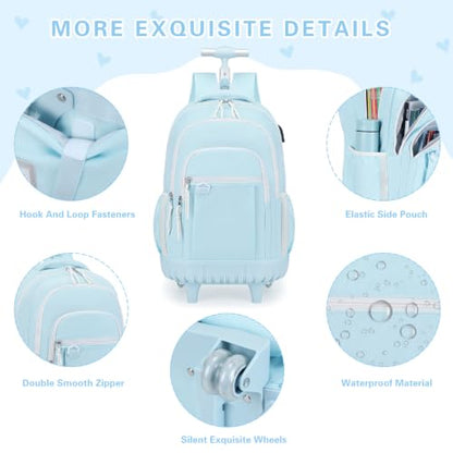 DIGOBAY Rolling Backpack for Girls, Cute Girls Backpack with Wheels, Kids Wheeled backpacks Set with Lunch Bag Pencil Case for Teen Girl, Roller School Bag with Wheels for Elementary Middle School - color: Blue