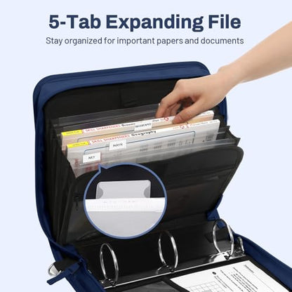 SUNEE Zipper Binder 3 Ring, 3 Inch O-Ring with Handle and Shoulder Strap, 600-Sheet Capacity, 5-Tab Expanding File Folder, Multi-Pockets for Middle School Organizer Binder with Zipper, Navy Blue - color: Navy Blue