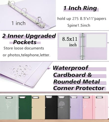 3 Ring Binder, 1 Inch Leather Binders with Clipboards, 5-Tabs Pockets Dividers, 18 Divider Stikers, Plastic Folder, Pen Holder, Three Ring Binder with Pen Holder(Purple, Letter Size) - color: Purple, size: 1in（Letter Size）