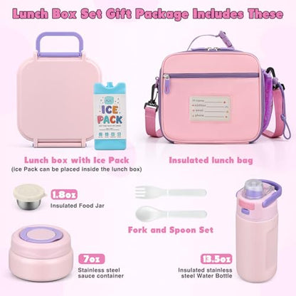 Bento Lunch Box for Kids with 7oz Soup Thermo,Insulated Stainless Steel Kids Water Bottle with Straw and Insulated Lunch Bag,Leak-Proof Lunch Food Container with Ice Pack for School(Pink) - color: Pink