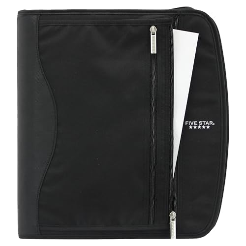Five Star Zipper Binder, 2-Inch Capacity, 3 D-Rings, Exterior Zippered Pockets, Interior Mesh Pouch, Easy Grip Spine, Black Cover (66352)