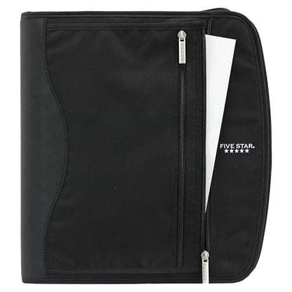 Five Star Zipper Binder, 2-Inch Capacity, 3 D-Rings, Exterior Zippered Pockets, Interior Mesh Pouch, Easy Grip Spine, Black Cover (66352)