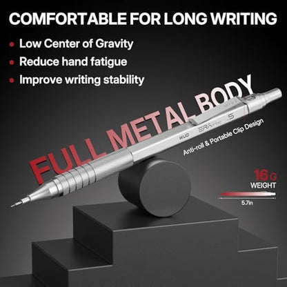 WUO Mechanical Pencils Set, 4-Pack 0.5mm & 0.7mm Metal Drafting Pencils with 480 HB Lead Refills, Precision Eraser Pen, 4B Erasers & Case for Writing, Drawing, Sketching & School, Silver&Black - color: Black+Sliver
