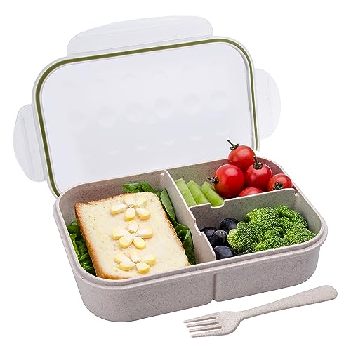 Itopor Bento Box for Kids & Adults, Lunch Box 46 oz, White | Wheat straw material, BPA-free, leakproof, 3 compartments, microwave & dishwasher safe, for school, office & travel - color: White