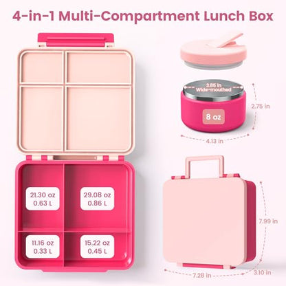 LOHASOK Bento Lunch Box Kids with 8oz Soup Thermo, Leak-Proof Lunch Containers with 4 Compartment, Thermo Hot Food Jar and Insulated Lunch Box for School for Girls Pink - color: Pink
