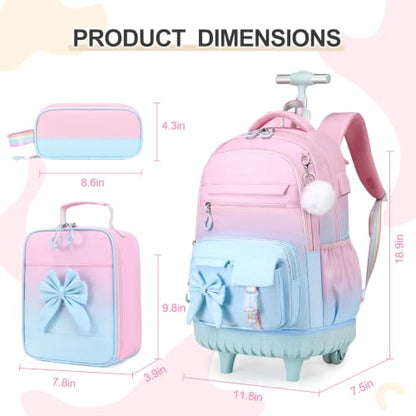 DIGOBAY Rolling Backpack for Girls, Cute Roller School Bag with Wheels, Kids Wheeled Backpacks Set with Lunch Bag Pencil Case for Teen Girls Kindergarten Elementary Middle School - color: Pink-blue