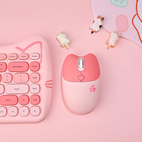 Cute Cat 2.4G USB Wireless Keyboard and Mouse Combo, Silent Keys, Candy Colors, Compatible with Notebook, PC (Pink-84Keys) - color: Pink-84Keys
