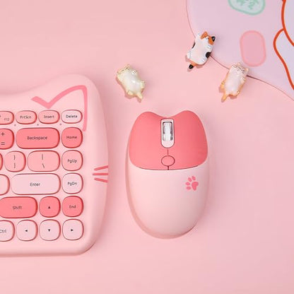 Cute Cat 2.4G USB Wireless Keyboard and Mouse Combo, Silent Keys, Candy Colors, Compatible with Notebook, PC (Pink-84Keys) - color: Pink-84Keys
