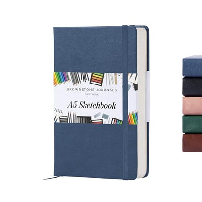 BROWNSTONE JOURNALS A5 Sketch Book Hardcover - 80 Sheets 100 GSM Paper 5"x8", Lay Flat, Vegan Leather Cover, Elastic Band, Back Pocket, Art Drawing Book (Symphony Blue) - color: Symphony Blue, size: A5 (5" x 8")