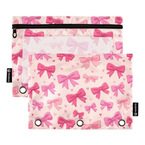 Binder Pouches,Pink Ribbon Bows Pencil Pouch for 3 Ring Binder 2 Pack Clear Pencil Bag with Zipper for Office School Supplies - color: multicolored