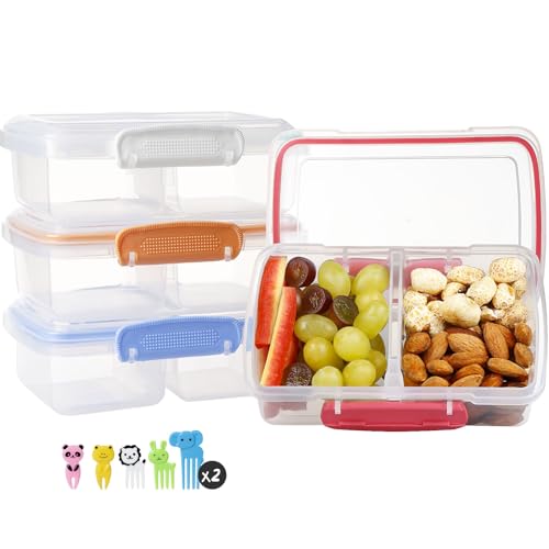 Greentainer 4 Pack Snack Containers with Lids for Kids, 2 Compartment Reusable Bento Lunch Box with Cute Forks, Divided BPA-Free Plastic Food Storage & Meal Prep for School, Travel, Fruits & Snacks - color: New-Blue