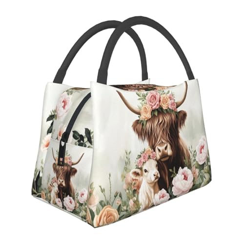Highland Cow Lunch Box with Floral Farm Animal Pattern for Girls and Adults,Lightweight Handbag with Zipper Closure,Portable Cosmetic Bag for School,Work,Office, Travel and Picnic Gifts - color: Highland Cattle