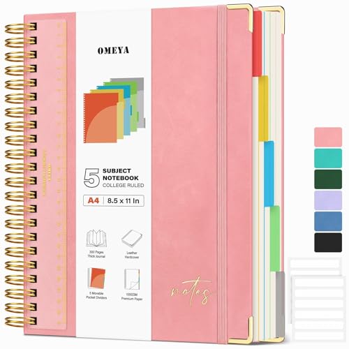 Hardcover Spiral Notebook 8.5" x 11": Leather 5 Subject Notebooks College Ruled with Pocket Dividers & Ruler, 300 Pages 100GSM Thick Writing Journal for Women, Large A4 Lined Notebooks for Work School - color: Pink, size: A4