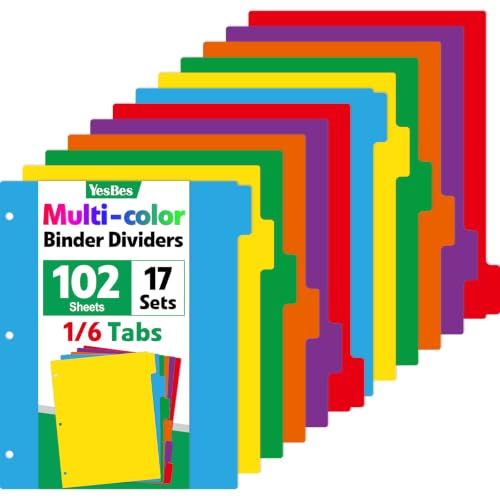 102 Pcs Colored Binder Dividers with Tabs, 1/6 Cut Tabs, Dividers for 3 Ring Binder, Blank Write On Binder Dividers in 6 Tab Sets, Letter Size, 102 Dividers, 17 Sets, Multicolor