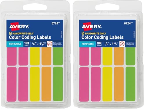 Avery Color-Coding Removable Labels, 1/2" -3/4", Assorted Neon Colors, Non-Printable, 180 Blank Labels (6724), (Pack of 2) - size: 180 Count (Pack of 2)