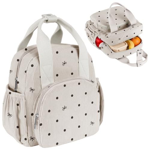 Insulated Corduroy Lunch Bag for Teen Girl Kid Women, Large Lunch Box, Reusable Portable Leakproof Lunchbox for School Travel Office Picnic (Polka Dot&Bow White) - color: Polka Dot&Bow White