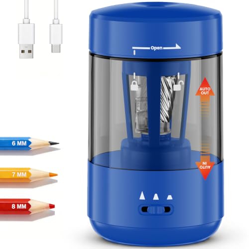 Electric Pencil Sharpener for Classroom, Fully Automatic Pencil Sharpener for 6-8mm Pencils & Colored Pencils, Auto in & Out Type-C Rechargeable Pencil Sharpeners for Home, School, Dark Blue - color: Dark Blue