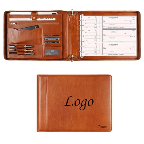 Personalized Leather Business Checkbook - 7 Ring Binder Engraved with Check Book Holder for 3 Per Page, 600 Checks Capacity for 9 x 13 inch Sheets, Oil Brown - Custom - color: Oil Brown, size: Custom