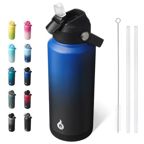 BJPKPK Water Bottle with Straw Lid, 32oz Vacuum Insulated Water Bottles, Metal Stainless Steel Thermo for Sports, Travel, BPA Free Leak Proof Thermo, Cups, Flasks, Tumblers,Black Blue - color: Black Blue, size: 32 Ounces