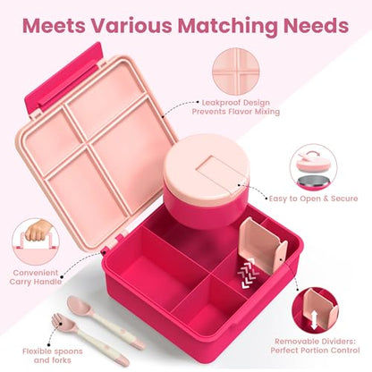 LOHASOK Bento Lunch Box Kids with 8oz Soup Thermo, Leak-Proof Lunch Containers with 4 Compartment, Thermo Hot Food Jar and Insulated Lunch Box for School for Girls Pink - color: Pink