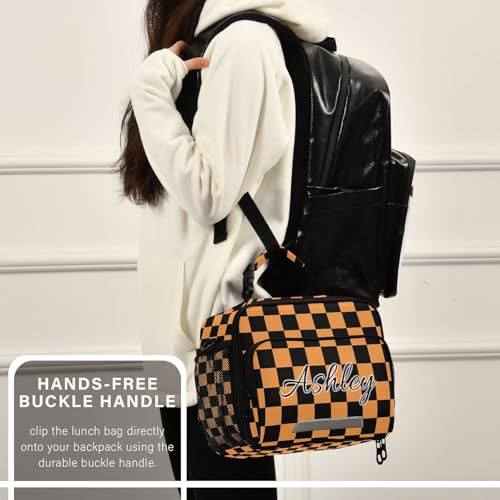 Custom Student Lunch Bag for Boys Girls Black Orange Checkerboard Personalized Lunch Box With Name Insulated Cooler Bag for School Picnic Travel - color: Multi01