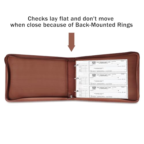 LLi Cufite 3 Rings Check Binder for End-Stub Deskbook Checks, Zipper Business Check Binder, 3 on a Page, Fit 3 & 9 Holes Check Faux Leather (Brown) - color: Brown