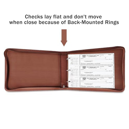 LLi Cufite 3 Rings Check Binder for End-Stub Deskbook Checks, Zipper Business Check Binder, 3 on a Page, Fit 3 & 9 Holes Check Faux Leather (Brown) - color: Brown