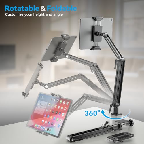 Jakeko Adjustable Portable Monitor Stand 15.6" - 360° Rotating Base Tall Tablet Desk Arm Holder Stand for iPad Air/Pro/Mini Swivel Flexible Clamp Mount Soporte para Tablet/Monitor Portatil/Ereader - size: up to 18.5"