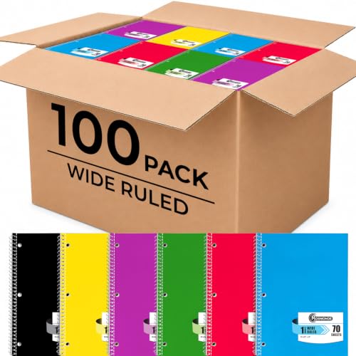 Rosmonde 100 Pack 1 Subject Spiral Notebook Wide Ruled Bulk, 140 Pages (70 Sheets), Thick No-Bleed Paper, 8 x 10-1/2", 3 Hole Punched, Wide Ruled Notebook 1 Subject, Bulk Subject Notebook for School - size: 100 Pack, style: 1 Subject - Soft Cover