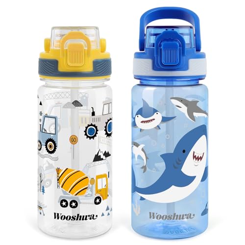 Kids Water Bottle for School, 16 Oz Plastic Straw Water Bottle with Silicone Spout and Leakproof Cover, Dishwasher Safe (Excavator/Shark) - color: Excavator/Shark, size: 16 Ounces