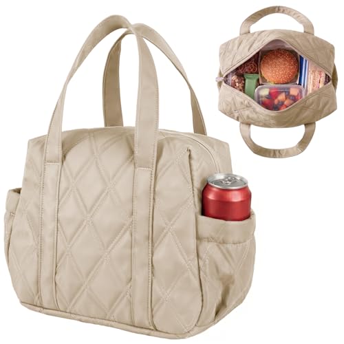Quilted Puffer Lunch Bag for Women, Insulated Lunch Tote with Foil Lining, Leak-Resistant Reusable Lunch Cooler Bag, Roomy Soft Lunch Box for Work, School, Picnic and Travel (Khaki) - color: Khaki