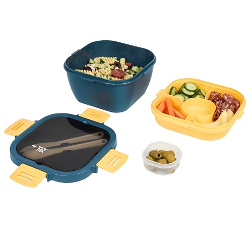 Restaurantware-Bento Tek 57.5 Ounce Bento Box, 1 Reusable Lunch Container - With Fork And Knife, Does Not Contain BPA, Blue And Yellow Plastic Reusable Lunch Box, Microwavable, Dishwashable - size: 1 Count, style: 58 oz - Blue