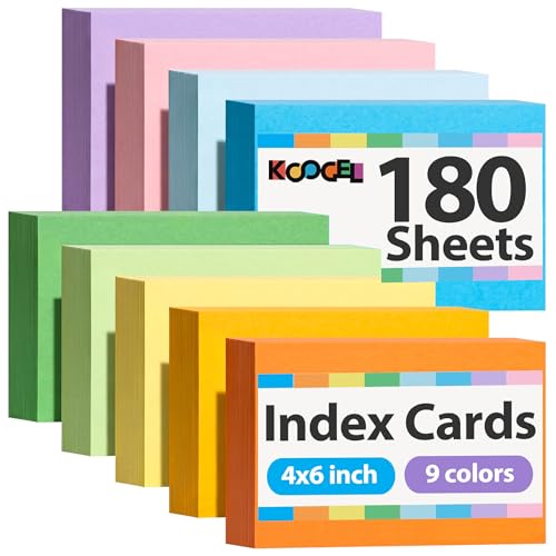 Koogel 180 Colored Count Index Cards 4x6, Blank Flash Cards for Studying | 9 Assorted Neon Color, On Both Sides, Notecards Flashcards for Students Teachers, Office College Supplies, Study Note Cards - size: 4x6, style: Unlined