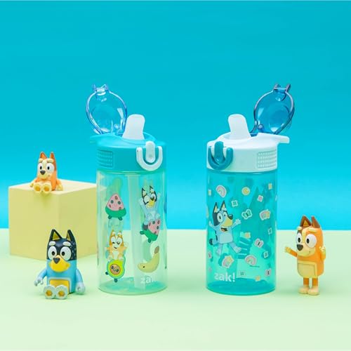 Zak Designs Bluey Sage Kids Water Bottle For School or Travel, 16oz Durable Plastic Water Bottle With Straw, Handle, and Leak-Proof, Pop-Up Spout Cover, 2-Pack Set (Bluey & Bingo) - color: Bluey & Bingo