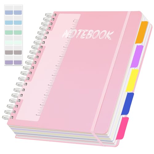 5 Subject Notebook College Ruled 300 Pages Hardcover Spiral Notebook with Removable Dividers Tabs, 8.5" x 11" 100GSM Large A4 Lined Journal Notebooks for Work School - color: pink