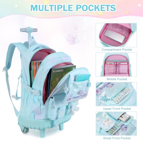 FIXITOK Rolling Backpack for Girls, Kawaii Bunny Roller Wheels School Backpacks with Lunch Bag Pencil case, Wheeled Suitcase Bookbag for Elementary Travel Dreamy Aquamarine - color: Dreamy Aquamarine