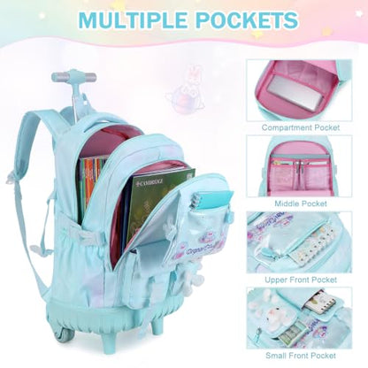FIXITOK Rolling Backpack for Girls, Kawaii Bunny Roller Wheels School Backpacks with Lunch Bag Pencil case, Wheeled Suitcase Bookbag for Elementary Travel Dreamy Aquamarine - color: Dreamy Aquamarine