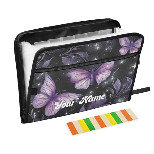 Custom Name Purple Butterflies Accordion File Organizer Personalized Text Expanding Document Folder with 13 Pockets Portable File Folder for A4 Letter Size - color: Purple Butterflies, size: Custom