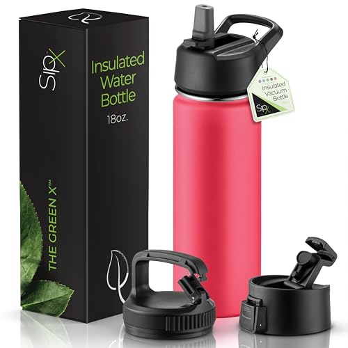 SipX™ 18 oz Insulated Water Bottle with 3 Lids – Leakproof Stainless Steel, Triple Insulated – Cold 24 Hours/Hot 12 Hours – Durable Bottle for School, Gym, Travel – Red - color: Red, size: 18 Ounces