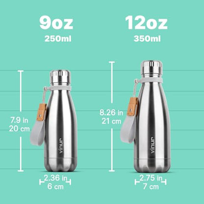 Small Water Bottle-12 oz Leak Proof Insulated Water Bottle with Carry Rope | Double Wall Vacuum Stainless Steel Water Bottle for Travel, School, Cola Shape Flask with Carry Rope (Silver) - color: Silver, size: 12 Ounces
