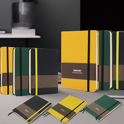 A6 Leather Hardcover Notebook- 3Pack 192 Pages Thick 100GSM Paper, Dotted/Grid/Blank, with Elastic Band & Inner Pocket for Writing, Sketching, Journaling - color: Yellow+Green+Black, size: A6