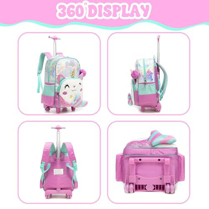 Rolling Backpack for Kids Girls 8-12,Lightweight Backpack with Wheels,Mermaid Wheeled School Backpack with Pencil Case Lunch Box for Elementary Middle School - color: White Mermaid