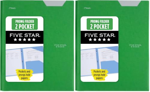 Five Star 2-Pocket Folder, Plastic Folder with Stay-Put Tabs and Prong Fasteners, Holds 8-1/2" x 11" Paper, Forest Green (72111) (Pack of 2) - color: Green, size: 1 Count (Pack of 2)