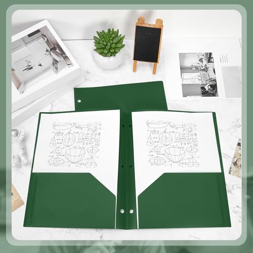 Yeaqee 50 Pcs Plastic Folders with Pockets Bulk 3 Hole Punched 2 Pocket File Folders for 3 Ring Binder Divider Folder for Notebooks, Durable Poly for Office Home (Dark Green) - color: Dark Green